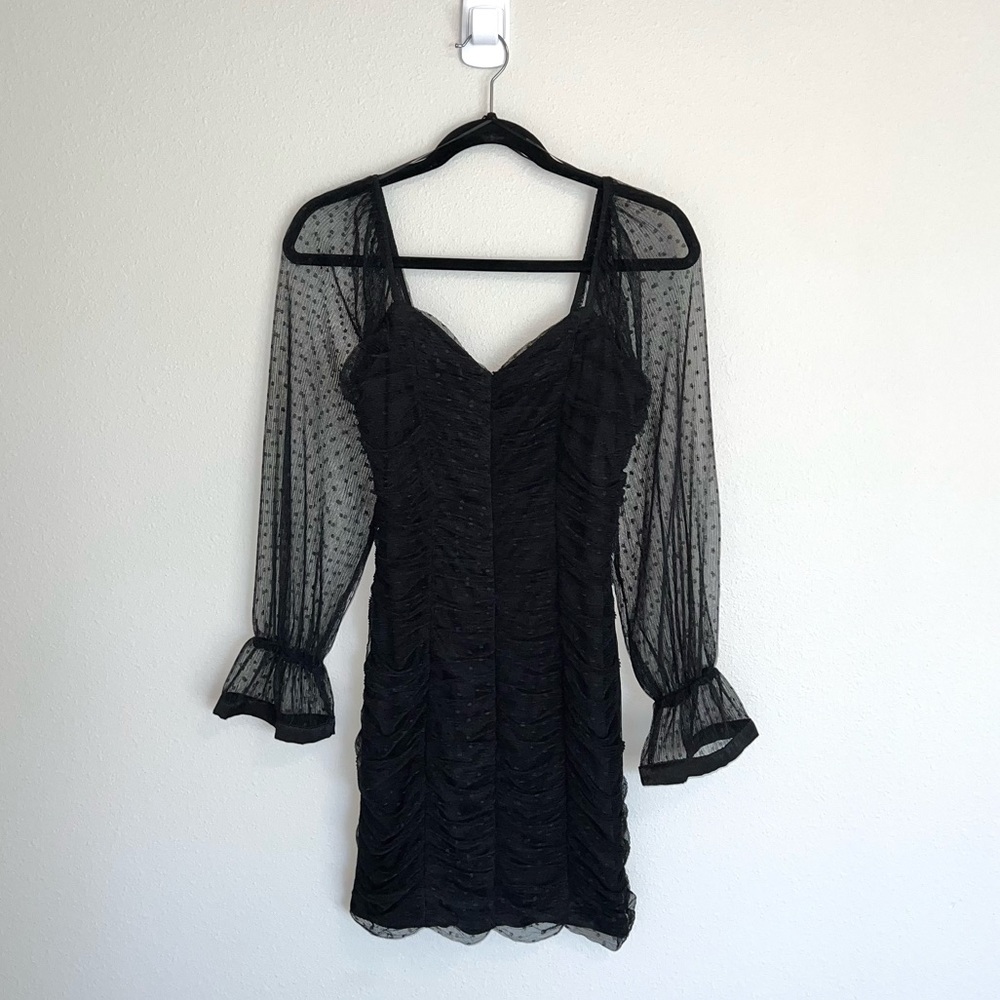 Haute Monde Ruched Mesh Mini Dress Long Sleeve Polkadot Bodycon Black Size S NWT